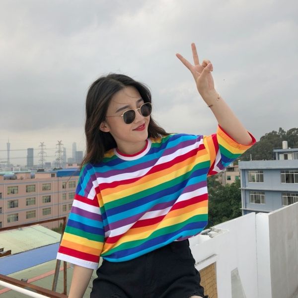 

womens shirts women women tees sweet rainbow striped print t shirts fashion short sleeves t shirts womens o neck tees, White