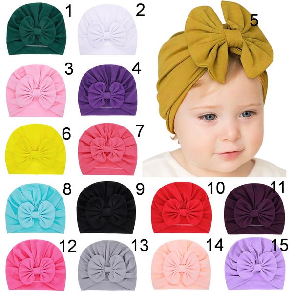 

newborn cotton hat elastic headband boys girl soft big bow turban bonnet caps solids baby shower props beanies headwear mz026, Yellow