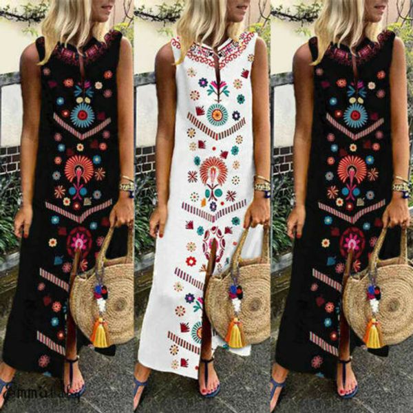 

2019 boho floral dress women sleeveless summer party long maxi dress lady holdiay beach sundress kaftan, Black;gray
