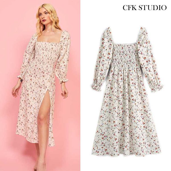 

women french style mididress femme summer floral print square collar loose a-line dress robe femme holiday elegant party dress, Black;gray