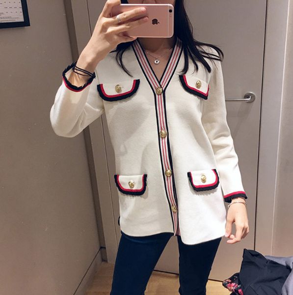 

women button sweater contrast color casual v-neck cardigan white pockets single breasted coat