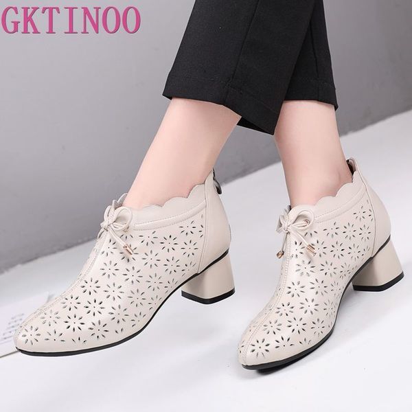 

gktinoo spring fashion genuine leather shoes women pumps breathable hollow women high heel shoes lace up comfort casual shoes, Black