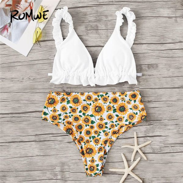 

romwe sport cute frill bikinis set frill strap with flower high waist bikini swimsuit women summer triangle beach swimwear