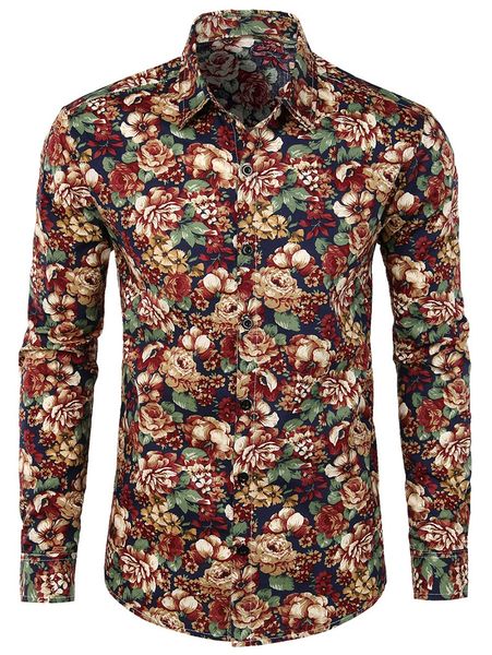 

2019 autumn new men long sleeve shirts slim floral printed casual male vacation party shirt camisa masculina, White;black
