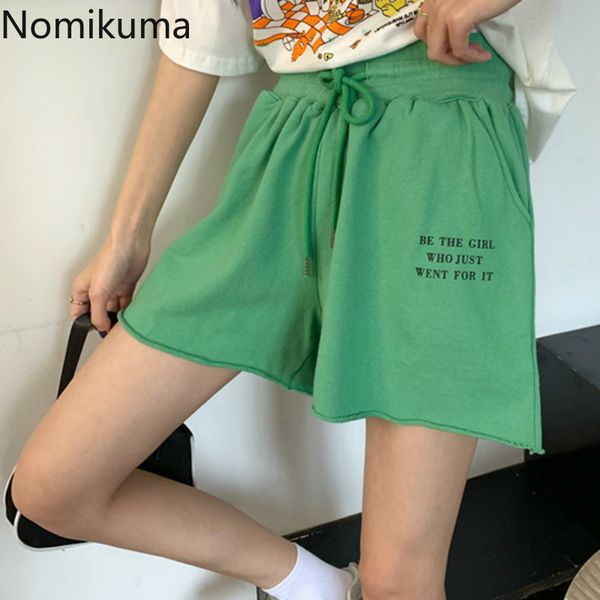 

nomikuma new arrival high waist shorts letter print casual loose short sweatpants drawstring lace up korean summer bottom 3b080, White;black