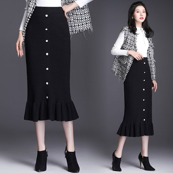 

elegant button skirt women ruffle knitted long trumpet skirt office lady elastic waist mermaid bodycon skirts high quality, Black