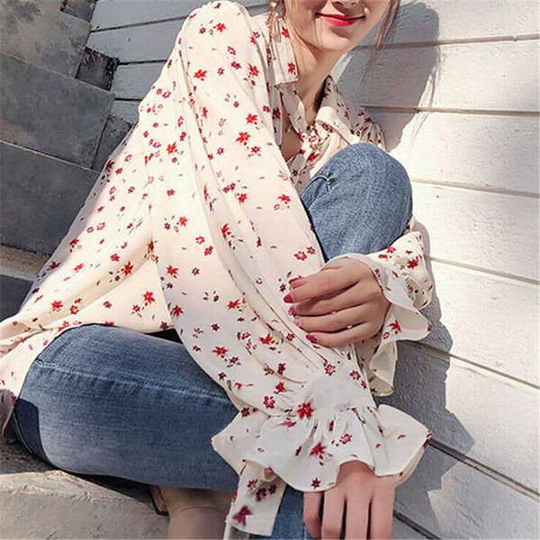 

women autumn shirts female chiffon drawstrings turn down neck multicolor ditsy floral print long puff sleeve casual loose blouse, White