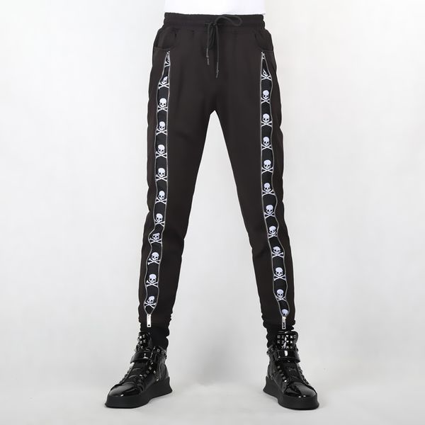 

m-xxl new style casual pants, printed skull and crosslinked zipper pants, Black