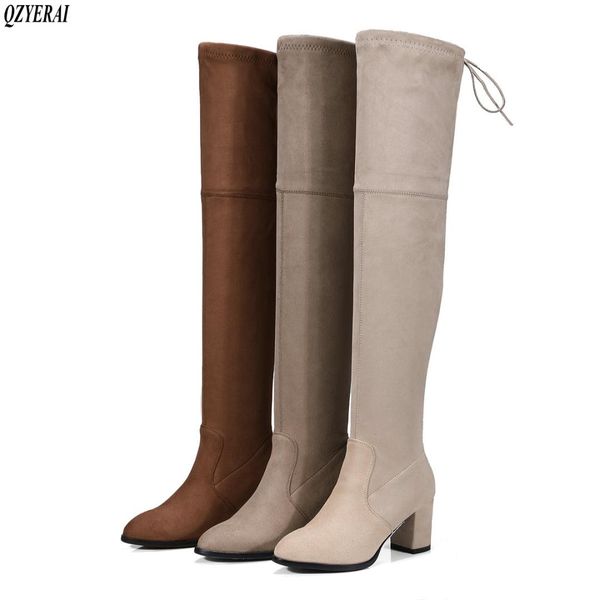 

qzyerai 2018 new arrival high heels over knee boots women's boots back ribbon vintage casual women's shoes size 34-43, Black