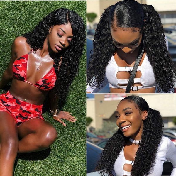

13x4 lace front human hair wigs deep part preplucked with baby hair brazilian deep wave wig for women remy lace frontal wig, Black;brown