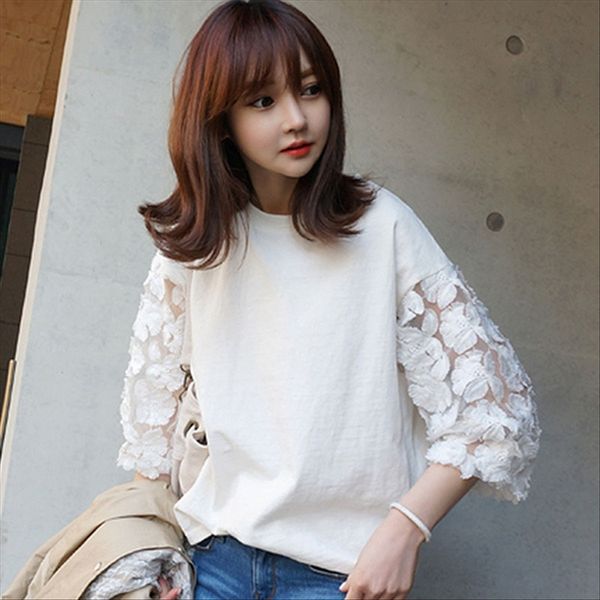 

lotte summer t- lace and autumn loose slim t-shirt seven-sleeve female lace base shirt made fabric, White
