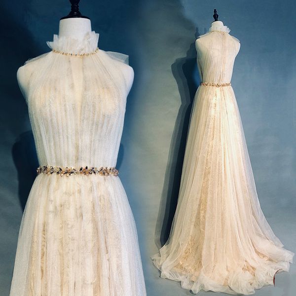 

elegant high neck tencel evening dresses sleeveless a line women formal party 2019 vestido de noite formal, White;black