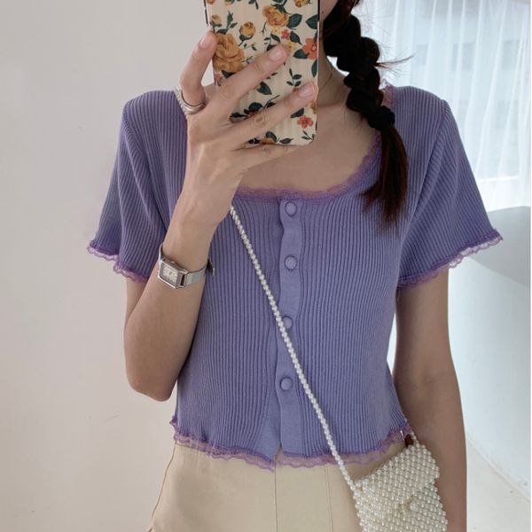 

большого размера жир top lace мм трикотажных рубашек женщины тонкая taro фиолетовых шить кружево футболка короткого кардиган жира сестра топ, White