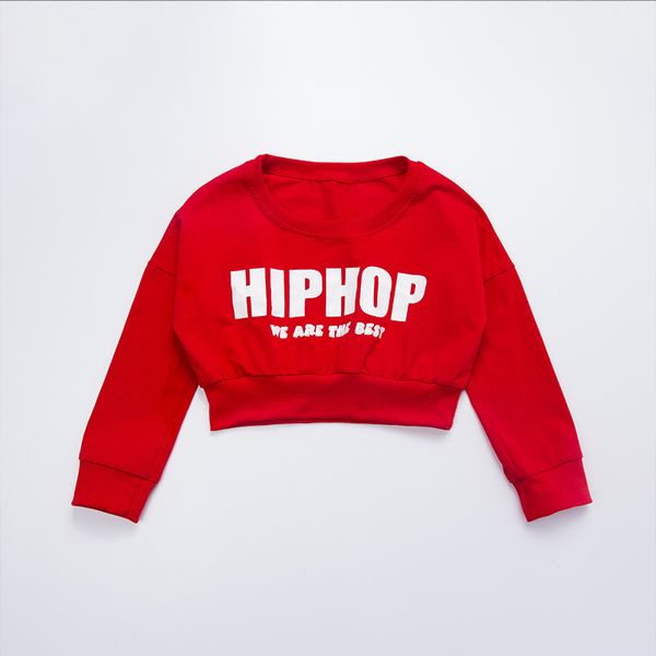 

long sleeve kid hip hop costumes shirt cropped sweatshirt for girls jazz dance costume ballroom dancing clothes show wear, Black;red