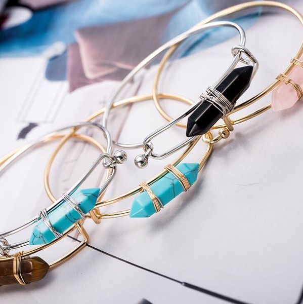 

bullet shape natural stone charms bracelets hexagonal prism quartz turquoise crystal gems bangle jewelry for women men bracelet, Black