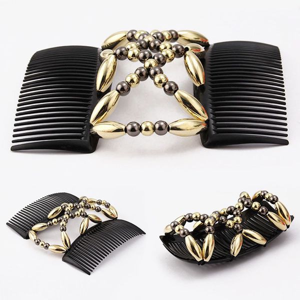 

fashion women stretch elastic hairpin double magic hair comb imitiation pearls beaded hair clip accessories