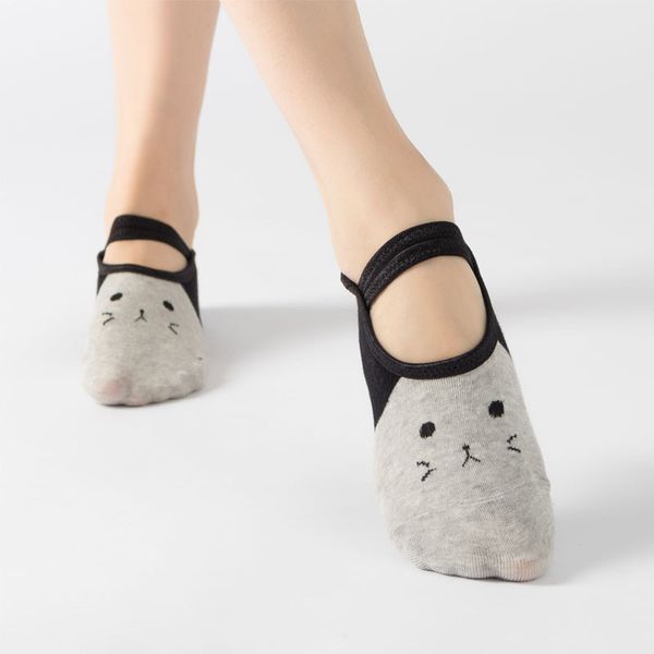 

women's socks cotton lace up non-slip trampoline socks cartoon cute parttern swear ballet dance sports fitness yoga women, Black
