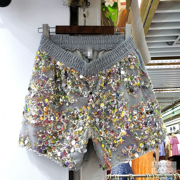 

european loose shorts women 2020 summer new heavy industry beaded sequins elastic waist wide leg casual shorts, White;black