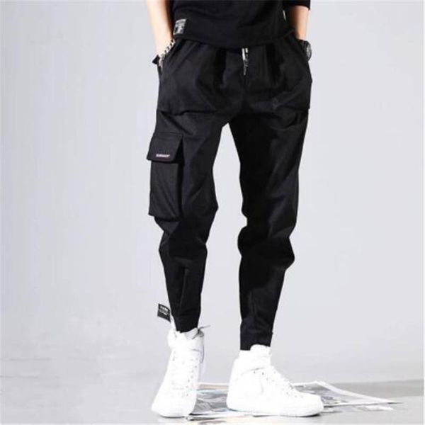 

hip hop streetwear men's splice joggers pants fashion men casual cargo pant trousers high street elastic waist harem pant men, Black