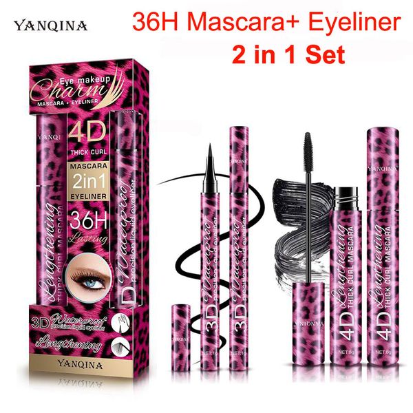 Augen Make-up 36H Mascara Eyeliner Pencil Kit YANQINA 2 in 1 Precision Liquid Eyeliner 4D Thick Curl Mascara Wasserdicht Langlebiger Eyeliner