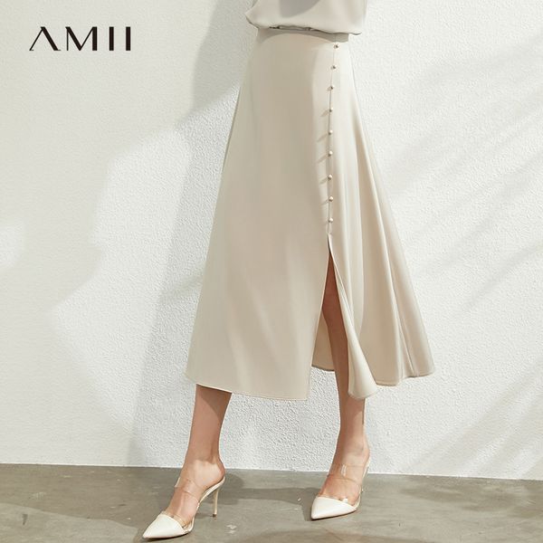 

amii minimalist women split skirt elegant high waist solid beaded loose female a-line skirt 12040222, Black