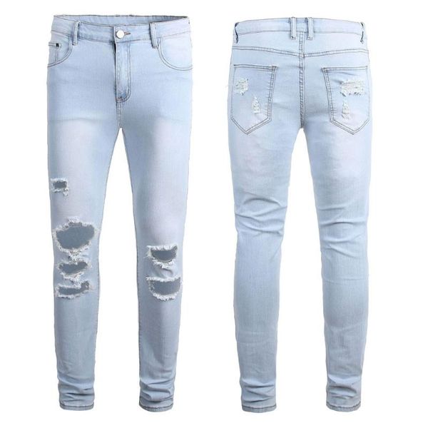 

men's new fashion personality ripped slim fit zipper stretch denim trousers mens elastic waist harem pants jogger clothes 12.24, Blue