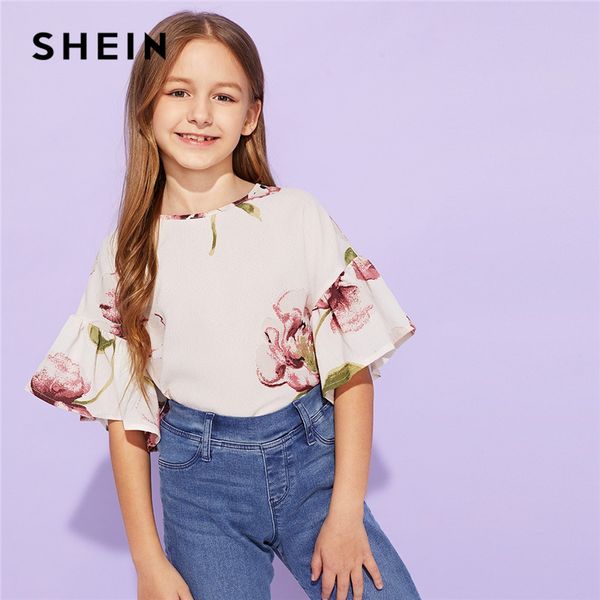 

shein kiddie girls apricot floral print blouse girls 2019 summer korean short flounce sleeve cute tee shirts kids clothes, White;black