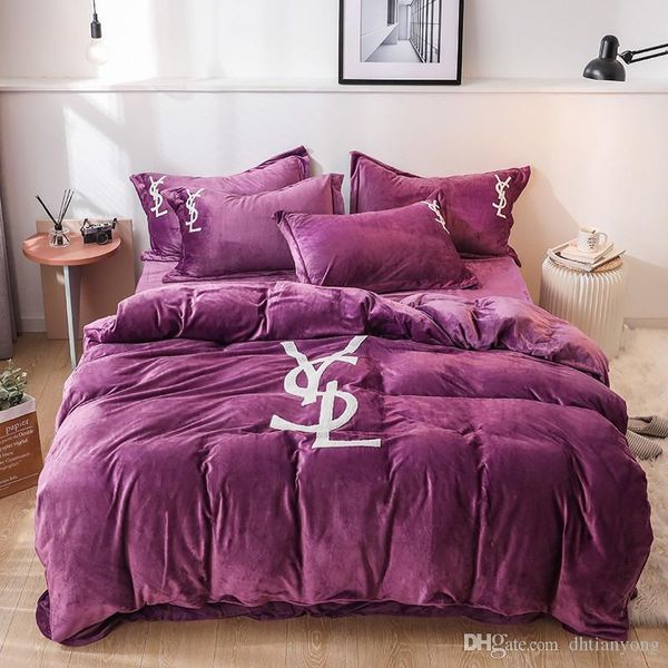 

violet y letter bed cover fashion towel embroidery simple bedding sets cover pure color duvet sheet covers 4pcs home textiles