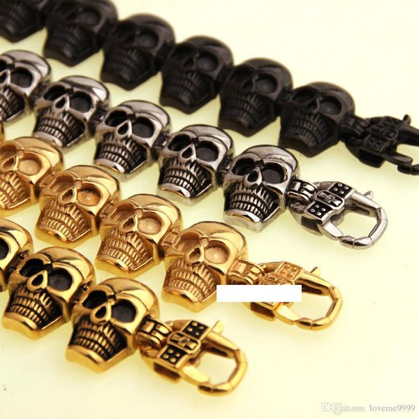 

hip hop stainless steel men's skeleton skull head bracelets big huge heavy solid ghost bangle motorcycle biker punk jewerly, Black