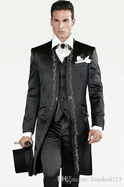 

one button shiny black with embroidery groom tuxedos stand collar men suits 3 pieces wedding prom blazer (jacket+pants+vest) w472, Black;gray
