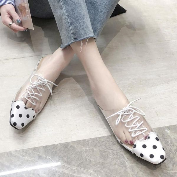 

eillysevens women's shoes transparent lace up slippers 2020 fashion wild dot printed half-toe slippers flat heels slippers#g40, Black