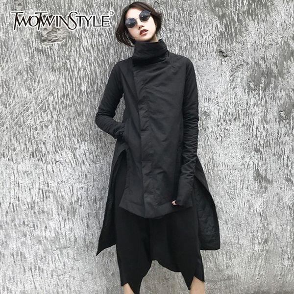 

twotwinstyle irregular women's winter jacket long sleeve stand collar side split asymmetrical hem coats female 2018 fashion new, Black