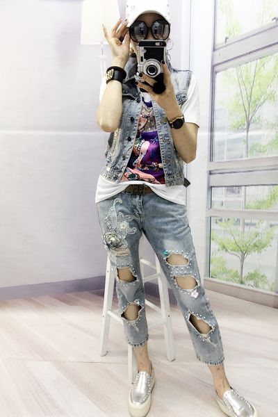 

the blue the new sequins ripped jeans fashion women's wear shuhua106