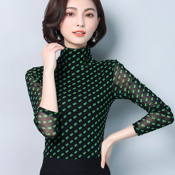 

women spring autumn style lace blouses shirts lady casual slim polka dot printed turtleneck long sleeve lace blusas dd8090, White