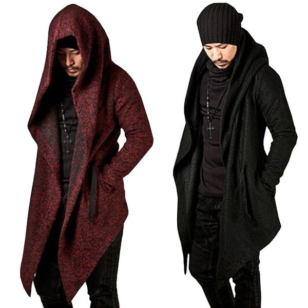 

men loose jacket solid color hooded full sleeve irregular hem pocket casual male loose cardigan, Black;brown