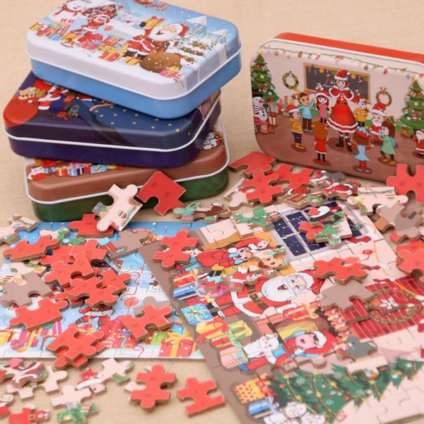

funny christmas puzzles toy wooden jigsaw in an iron box diy kids gift educational tool christmas ornoment