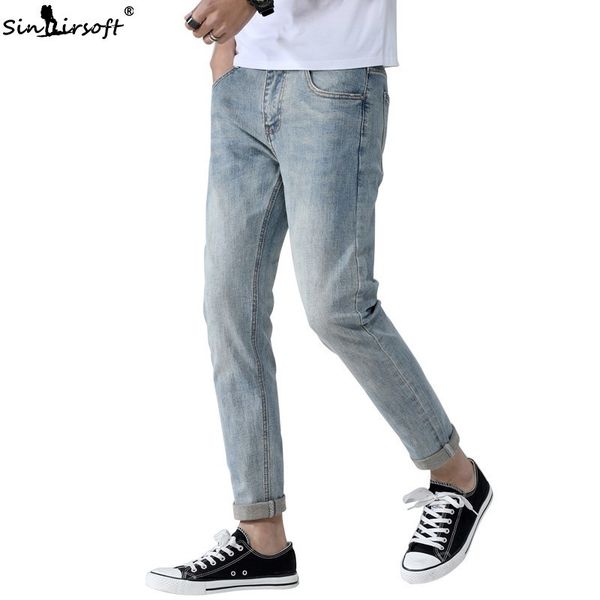 

summer men's skinny jeans cotton retro stretch slim straight mens jeans fashion trend large size small feet men, Blue
