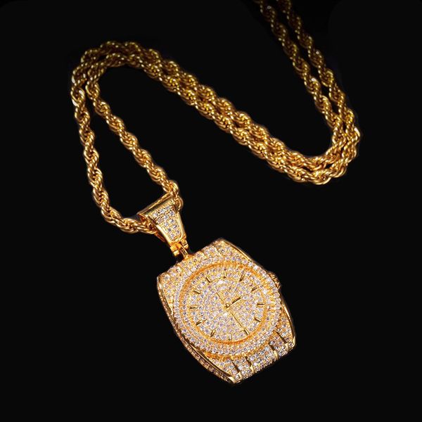 Acheter Hip Hop Bijoux Montre Style Pendentif Avec Corde Chaîne Or Argent Couleur Collier Cubique Zircon Hommes Collier Pour Cadeau De $25.13 Du