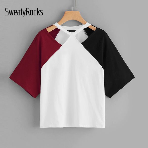 

sweatyrocks cut out neck colorblock tee streetwear half sleeve preppy tees 2019 summer athleisure casual women t-shirts y19072701, White