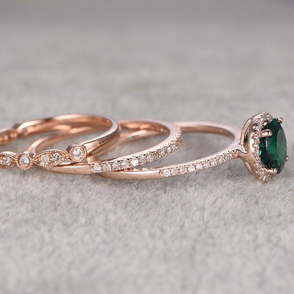 

luxury green zircon crystal rose gold rings three-piece designer ring set for lady & girls gift jewelry, Silver