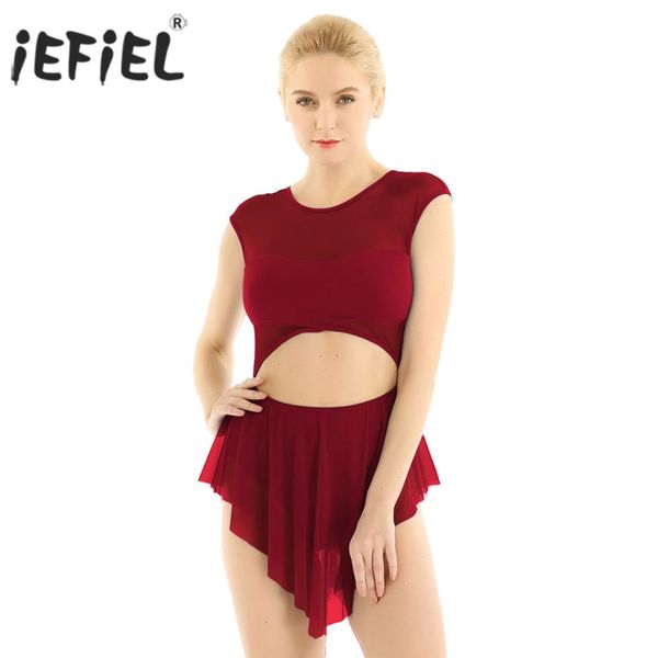 

stage wear iefiel ballet dress for womens cut out front asymmetric mesh keyhole back turnpakje dance gymnastics leotards dancewear, Black;red