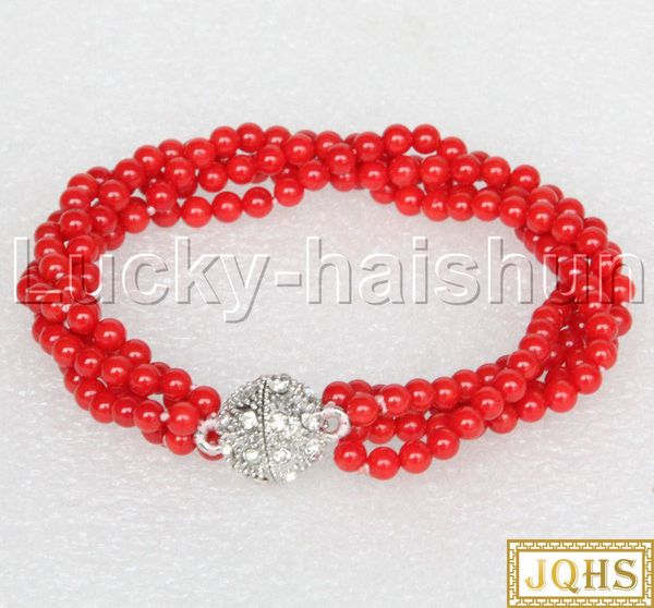 

jqhs 8" 4row 4мм круглый красный коралловый браслет магнит застежка j12509, Black