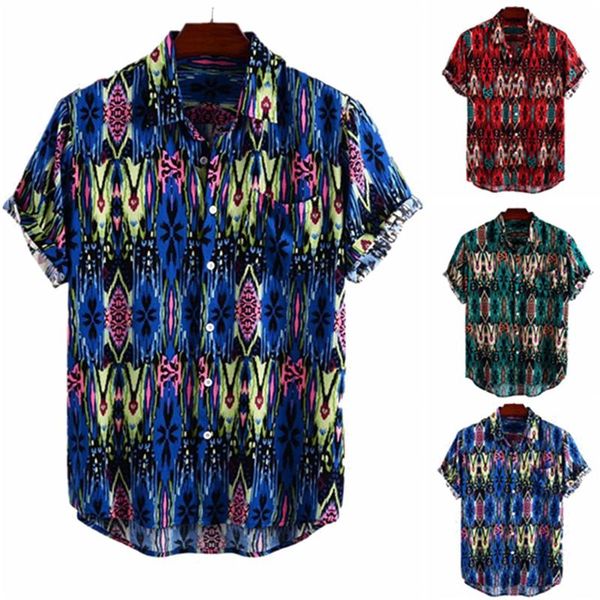 

men's casual shirts summer men linen shirt male lapel loose printed beach blouse short sleeve buttons fashion outfits, White;black