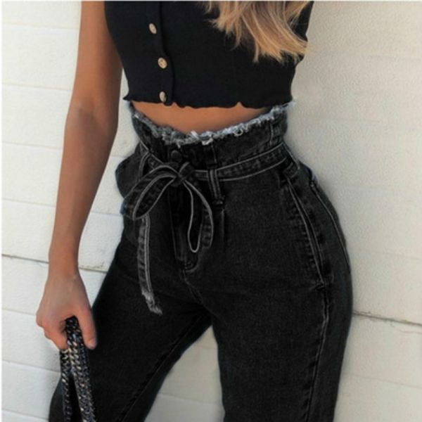 

women's designer jeans baggy high-waisted trouser fashion trendy long pants new summer style trousers zipper door-flap frilled skinny, Blue