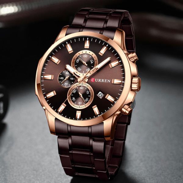 

curren classic sporty black watch for men chronograph stainless steel quartz watches male wristwatch luminous hands reloj hombre, Slivery;brown