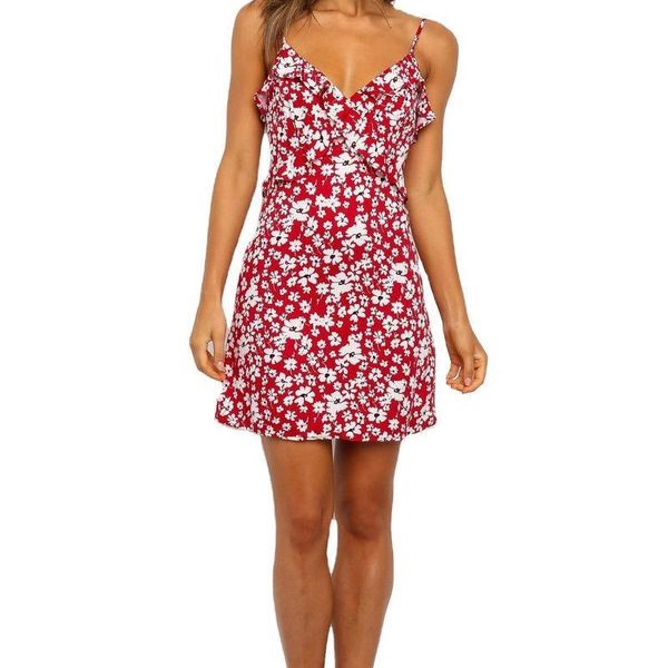 

women's ladies summer v-neck floral printing sleeveless halter strap dresses girls casual beach skirts, Black;gray