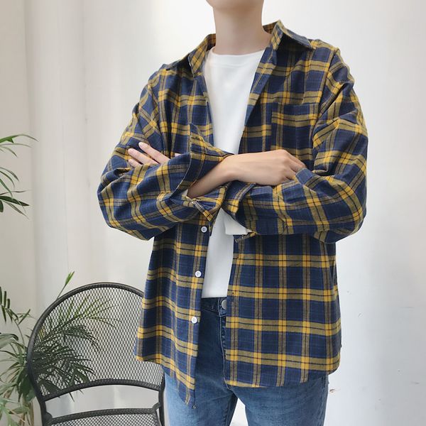

2018 new men's fashion long sleeve classic hawaii plaid slim shirt black/yellow apparel french casual clothing wild -xl, White;black