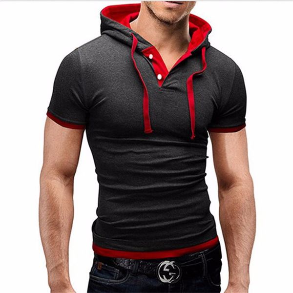 

2019 men tshirt summer casual hooded tees short sleeve t-shirt homme slim fit elastic brand clothing male t shirt, White;black