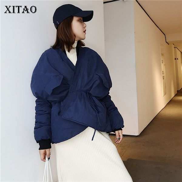 

xitao irregular short parka women clothes 2019 pleated bandage pocket long sleeve thick coat loose korean winter new gcc1040, Tan;black