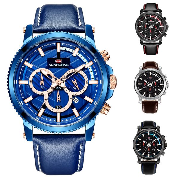 

2019 new fashion mens watches luxury genuine leather quartz watch waterproof calendar chronograph stylewatches watch men, Slivery;brown